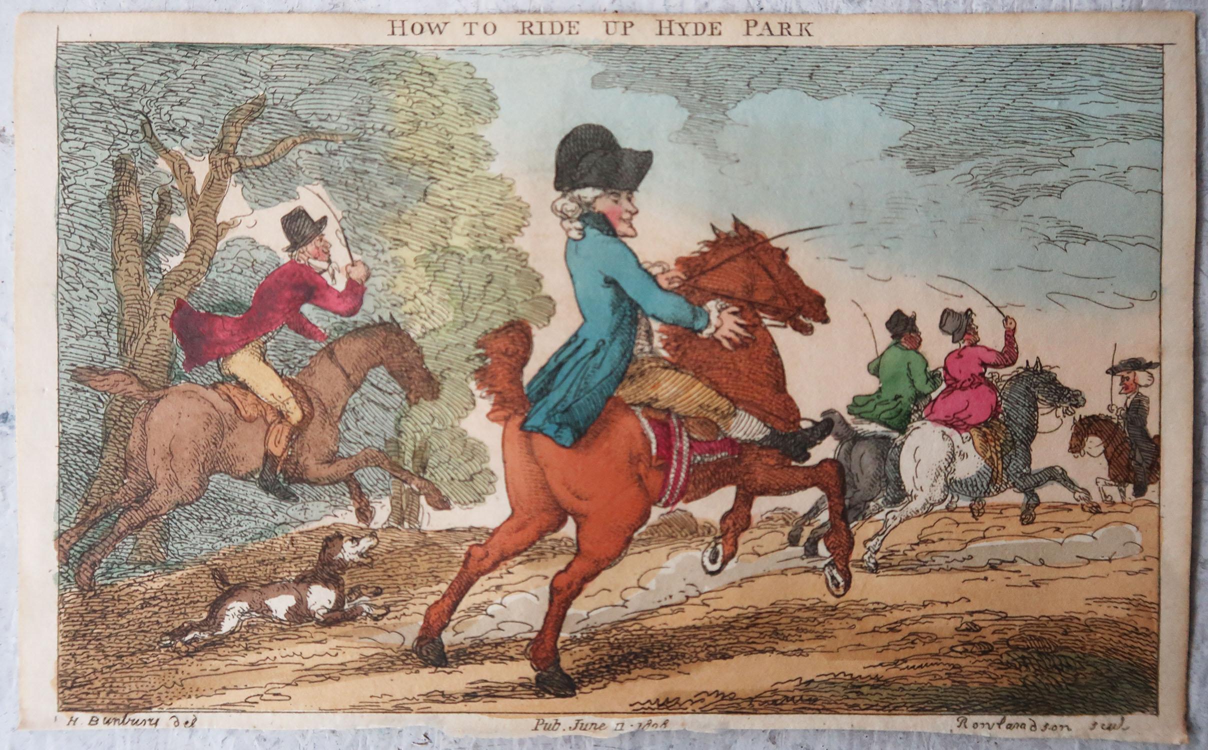 English Original Antique Print After Thomas Rowlandson, Ride Up Hyde Park. Dated 1808 For Sale