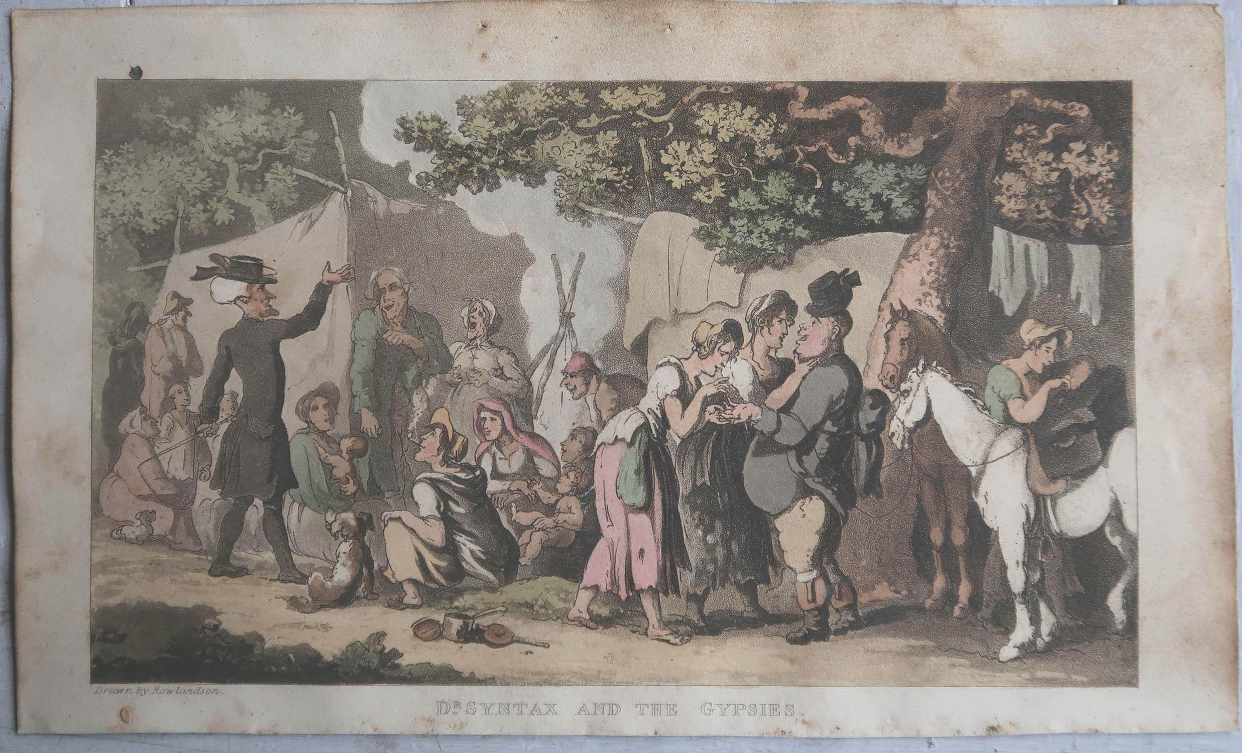 English Original Antique Print After Thomas Rowlandson, Syntax and the Gypsies, 1820 For Sale