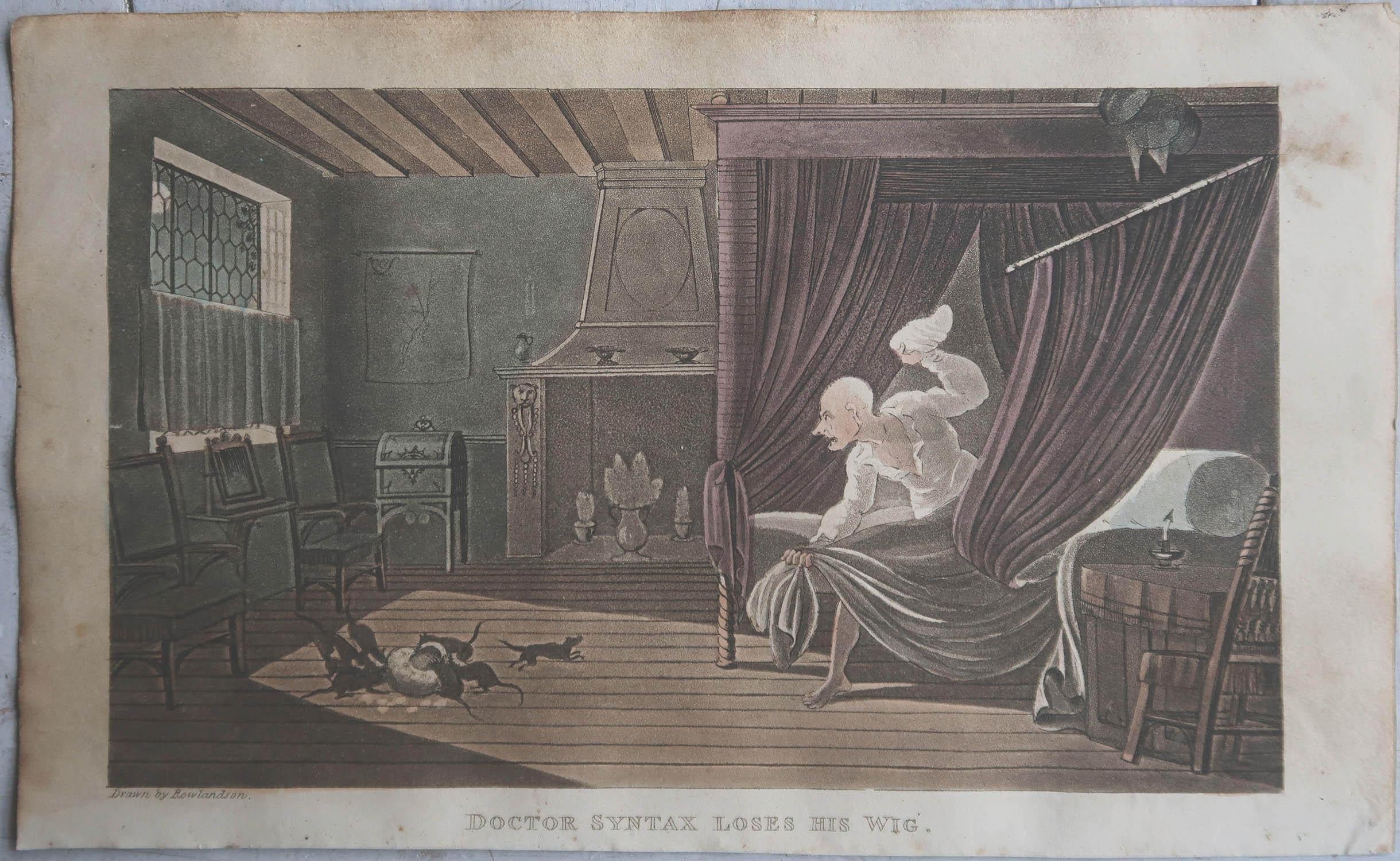 Georgian Original Antique Print After Thomas Rowlandson, Syntax Loses His Wig, 1820 For Sale