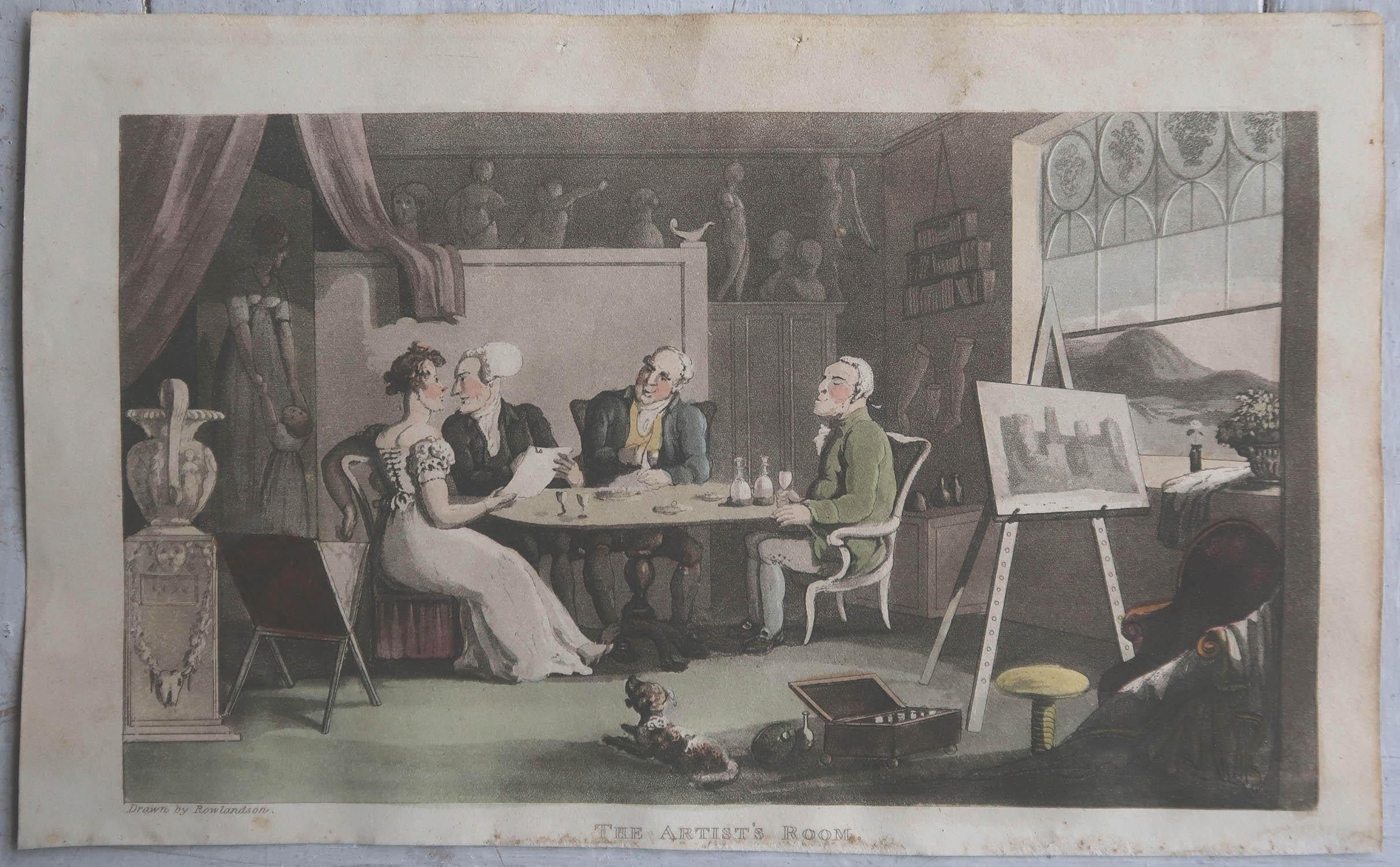 English Original Antique Print After Thomas Rowlandson, the Artist's Room, 1821 For Sale