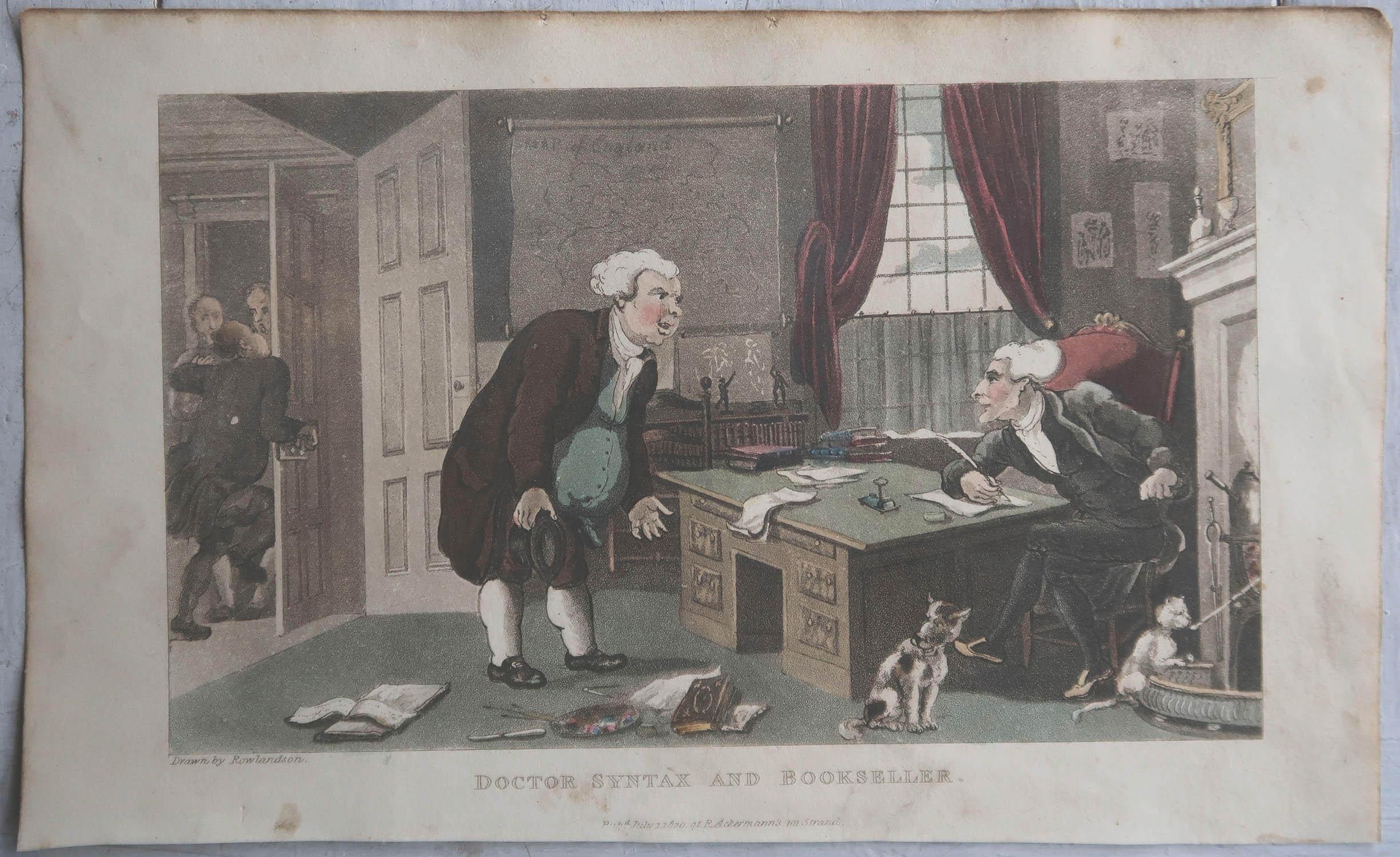 Georgian Original Antique Print After Thomas Rowlandson, the Bookseller, 1820 For Sale