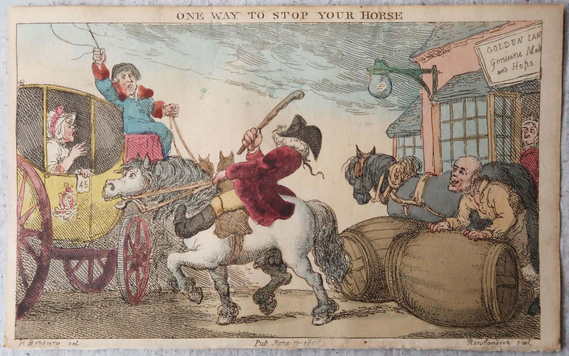 Georgian Original Antique Print After Thomas Rowlandson, Way to Stop Your Horse, 1808 For Sale