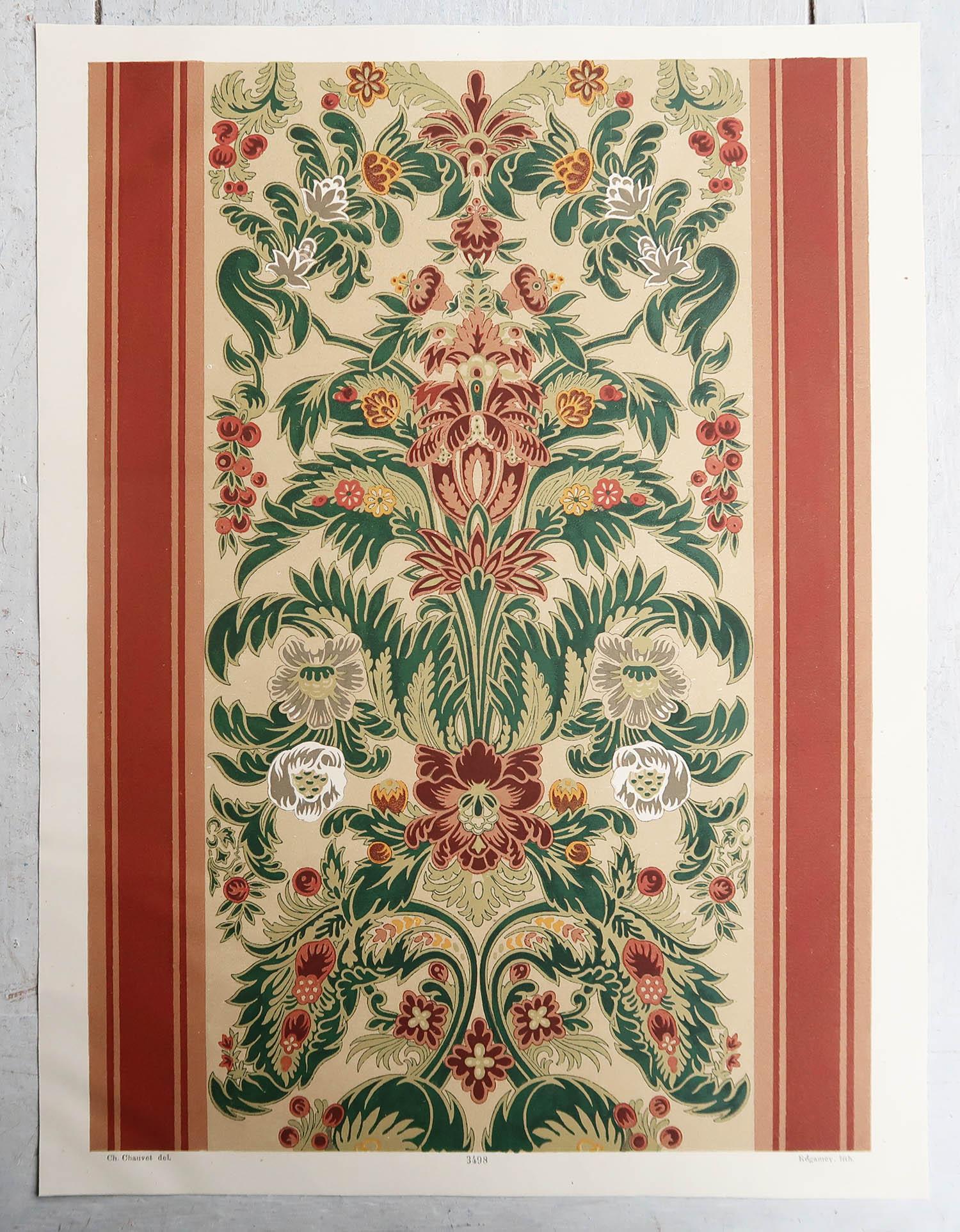 English Original Antique Print of 17th Century French Textile Design, France, C.1860