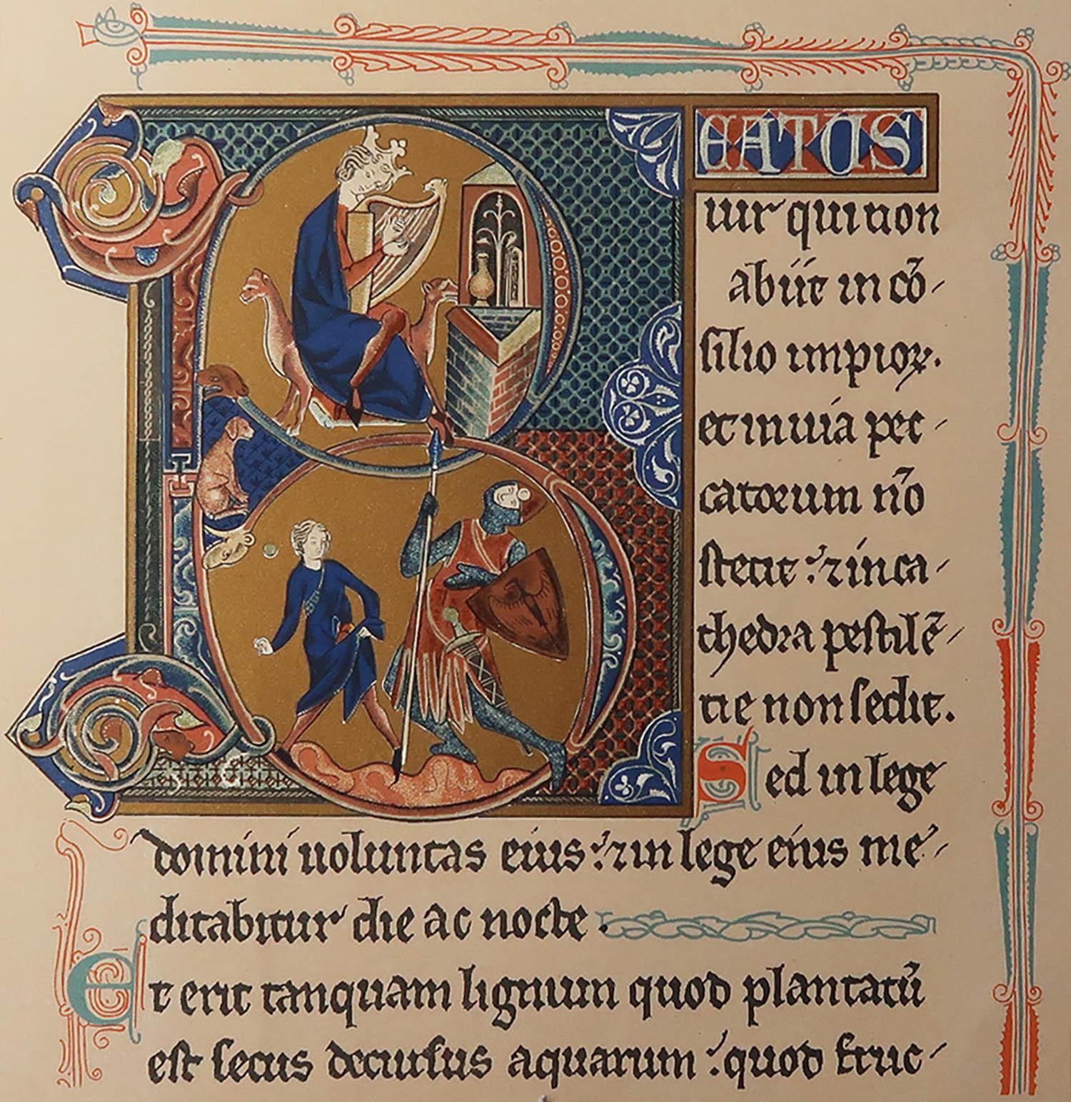 Wonderful print of a 13th century illuminated miniature initial from a psalter

Chromolithograph 

Published circa 1900

Unframed.

The measurement is the paper size

