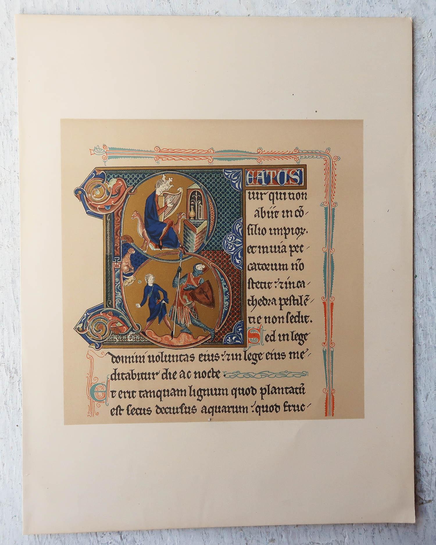 English Original Antique Print of a 13th Century Illumination, circa 1900 For Sale