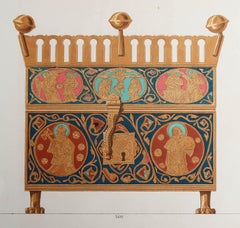 Original Antique Print of a 13th Century Limoges Enamel Casket, France, C.1860