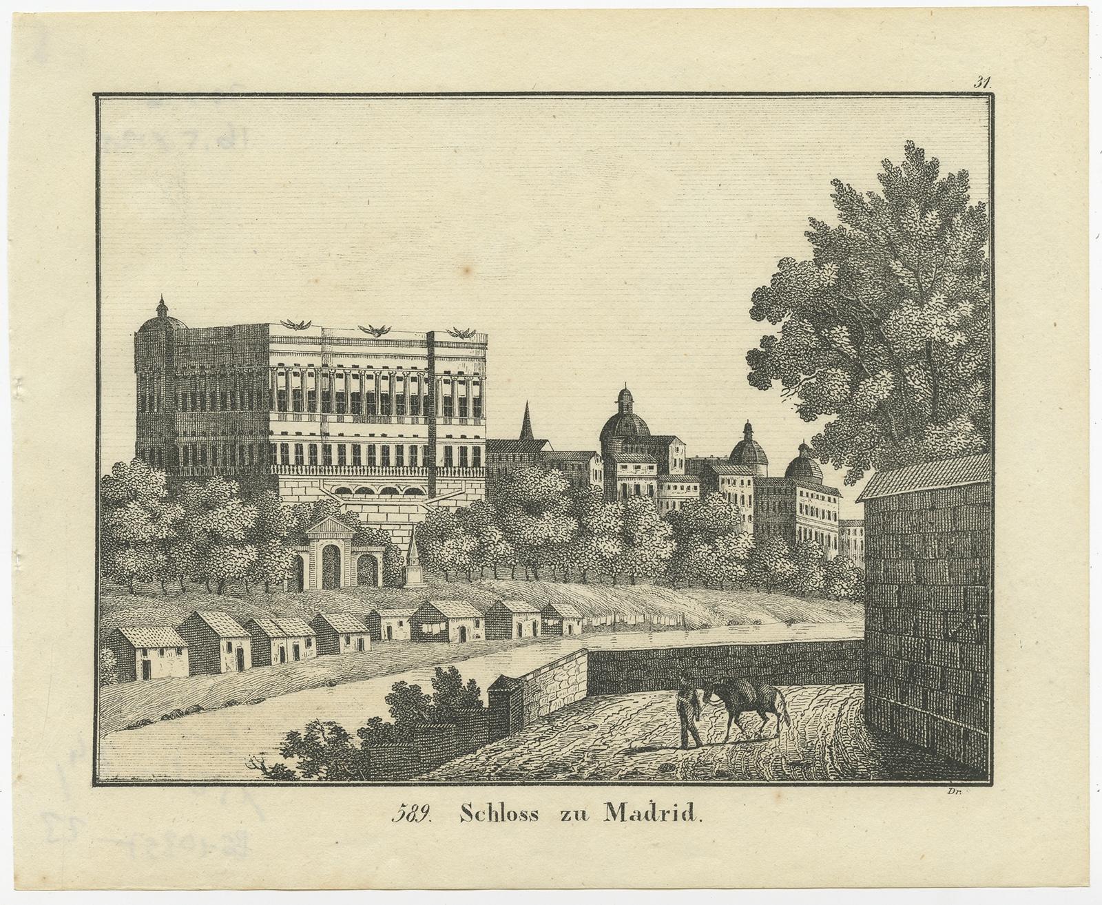 Antique print titled 'Schloss zu Madrid'. 

Lithograph of a castle in Madrid, Spain. This print originates from 'Neuen Bildergalerie für die Jugend'. 

Artists and Engravers: Anonymous.

Condition: Very good, general age-related toning. Blank