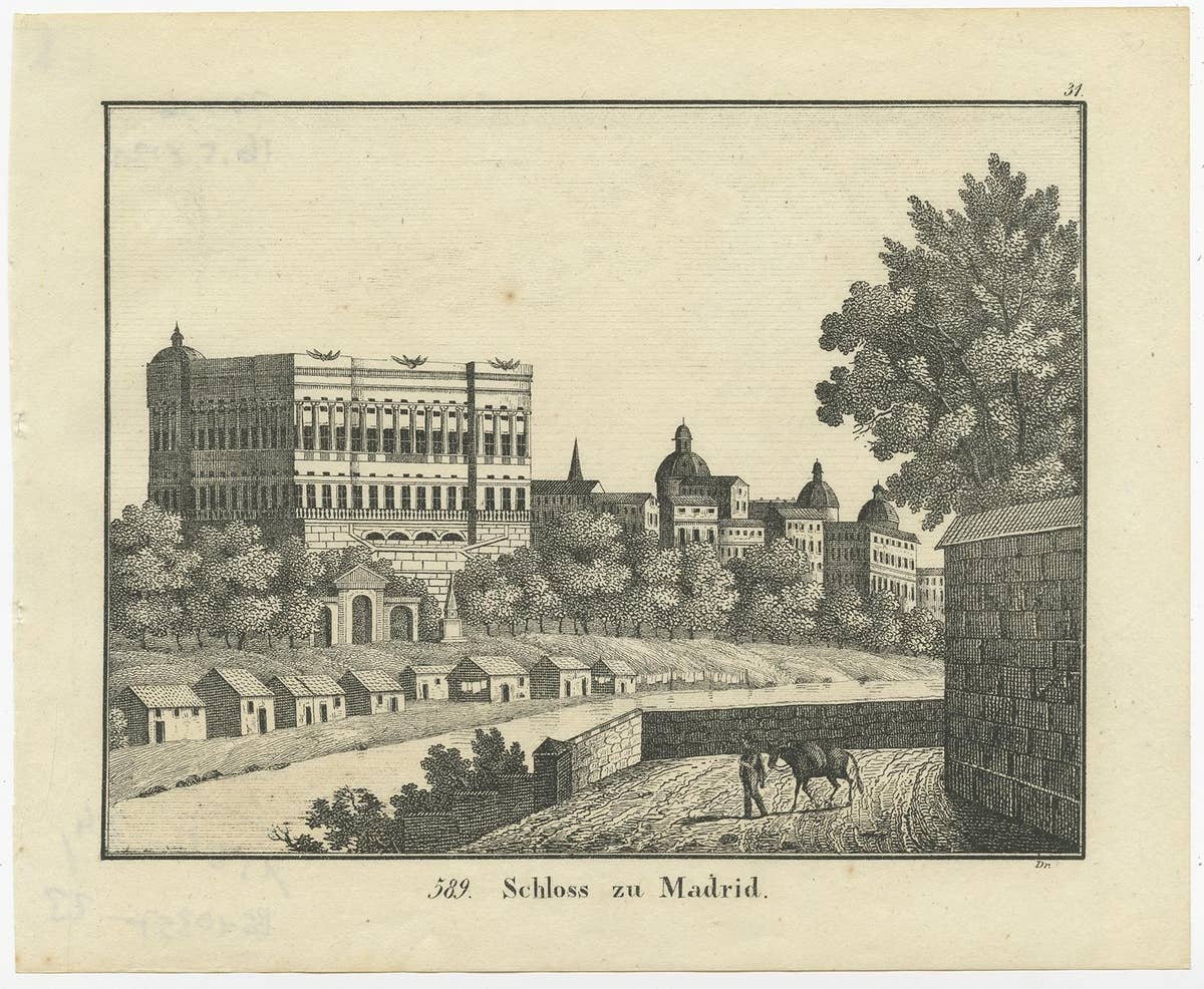 Original Antique Print of a Castle in Madrid, Spain, 1833