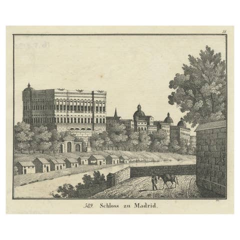 Original Antique Print of a Castle in Madrid, Spain, 1833