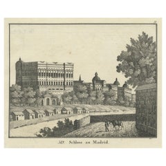 Original Antique Print of a Castle in Madrid, Spain, 1833
