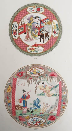 Grabado original antiguo de un plato chino y japonés, Francia, hacia 1860