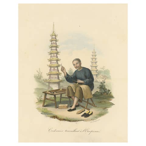 Original Antique Print of a Chinese Shoemaker, European Style