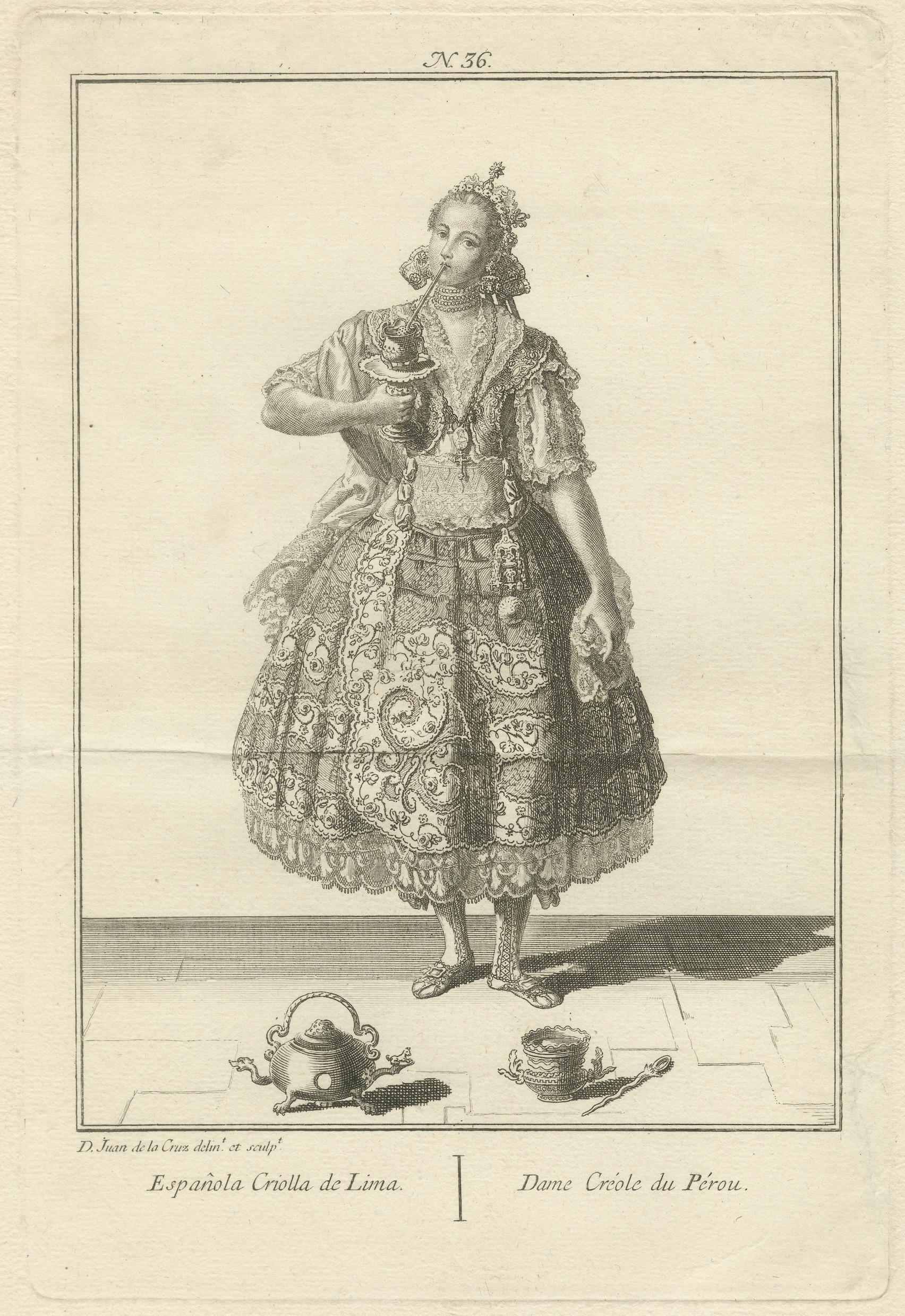 Original Antique Print of a Chocolate-Drinking Creole Lady of Lima, Peru, c.1796