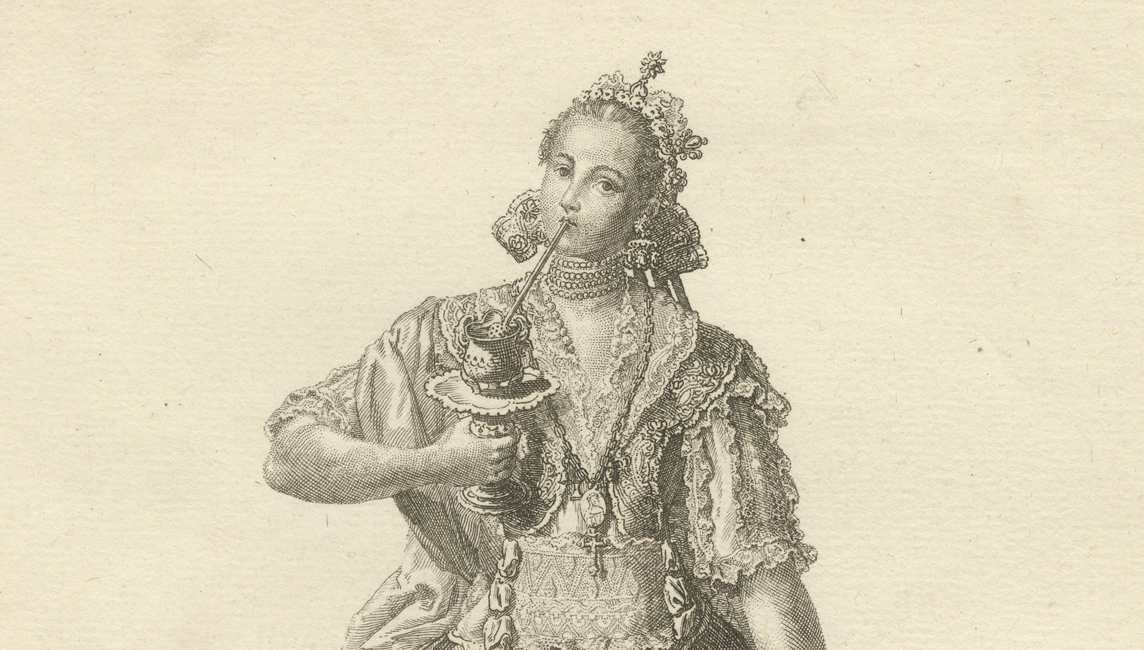 Original Antique Print of a Chocolate-Drinking Creole Lady of Lima, Peru, c.1796