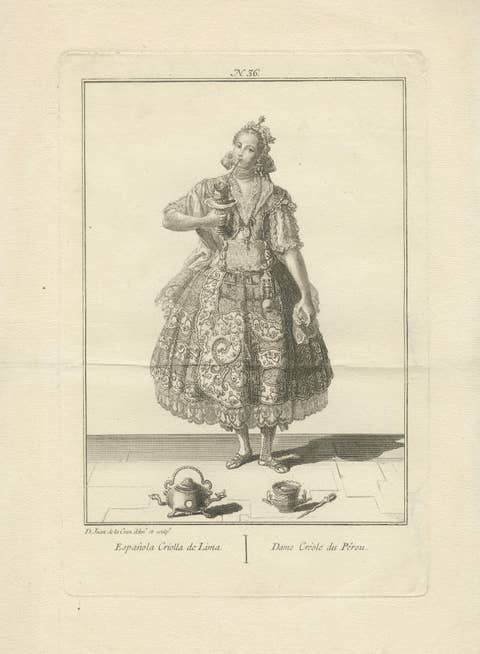 Original Antique Print of a Chocolate-Drinking Creole Lady of Lima, Peru, c.1796