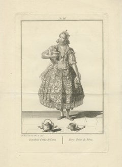 Lámina antigua original de una dama criolla de Lima (Perú) tomando chocolate, hacia 1796