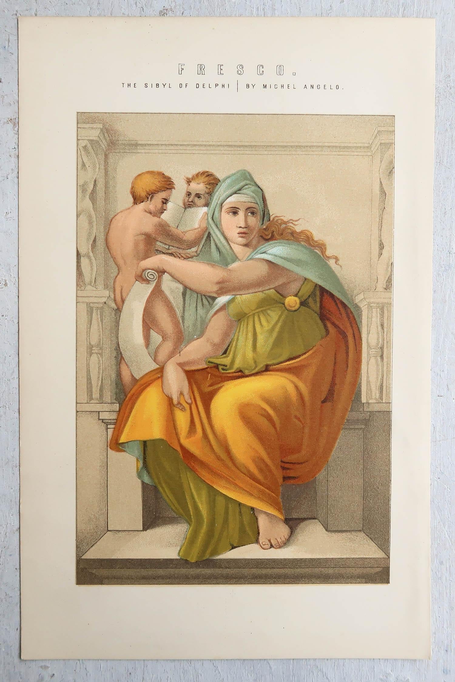 Renaissance   Impression ancienne originale d'un Fresco par Michel-Ange, vers 1880