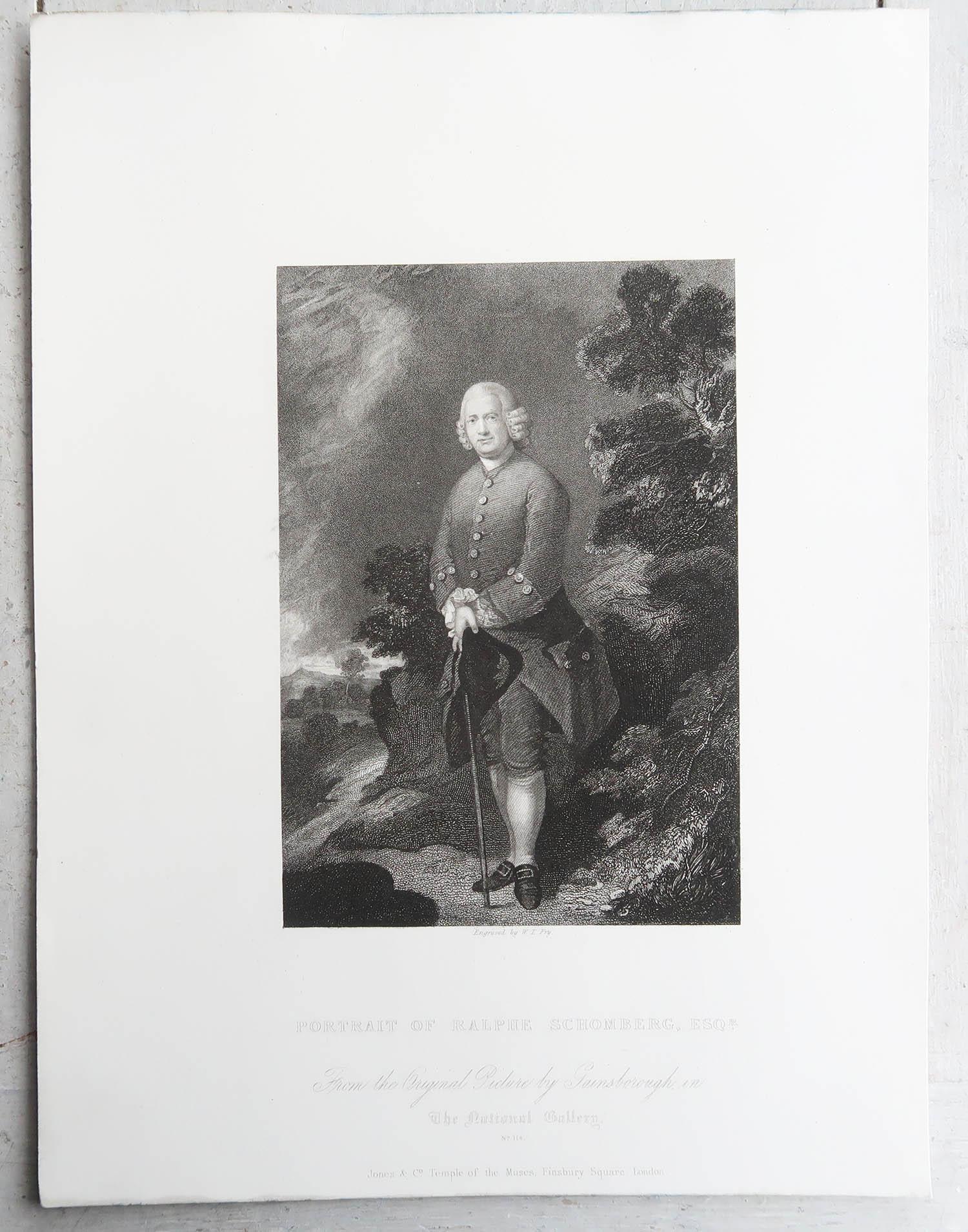 Georgian Original Antique Print of A Gentleman After Thomas Gainsborough. C.1850 For Sale