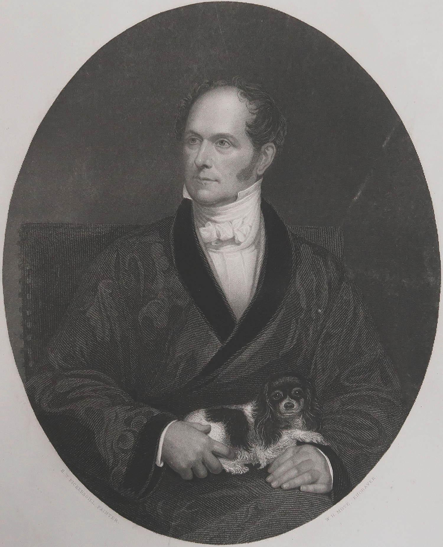 Wonderful image of A Gentleman holding a King Charles Spaniel

Fine steel engraving after H.W Pickersgill

Published circa 1850

Unframed.

