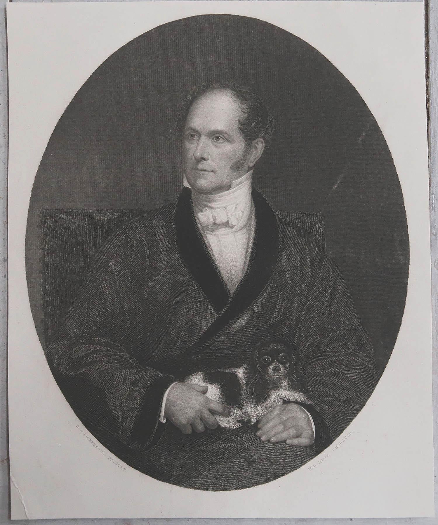 English Original Antique Print of A Gentleman Holding A King Charles Spaniel. C.1850 For Sale