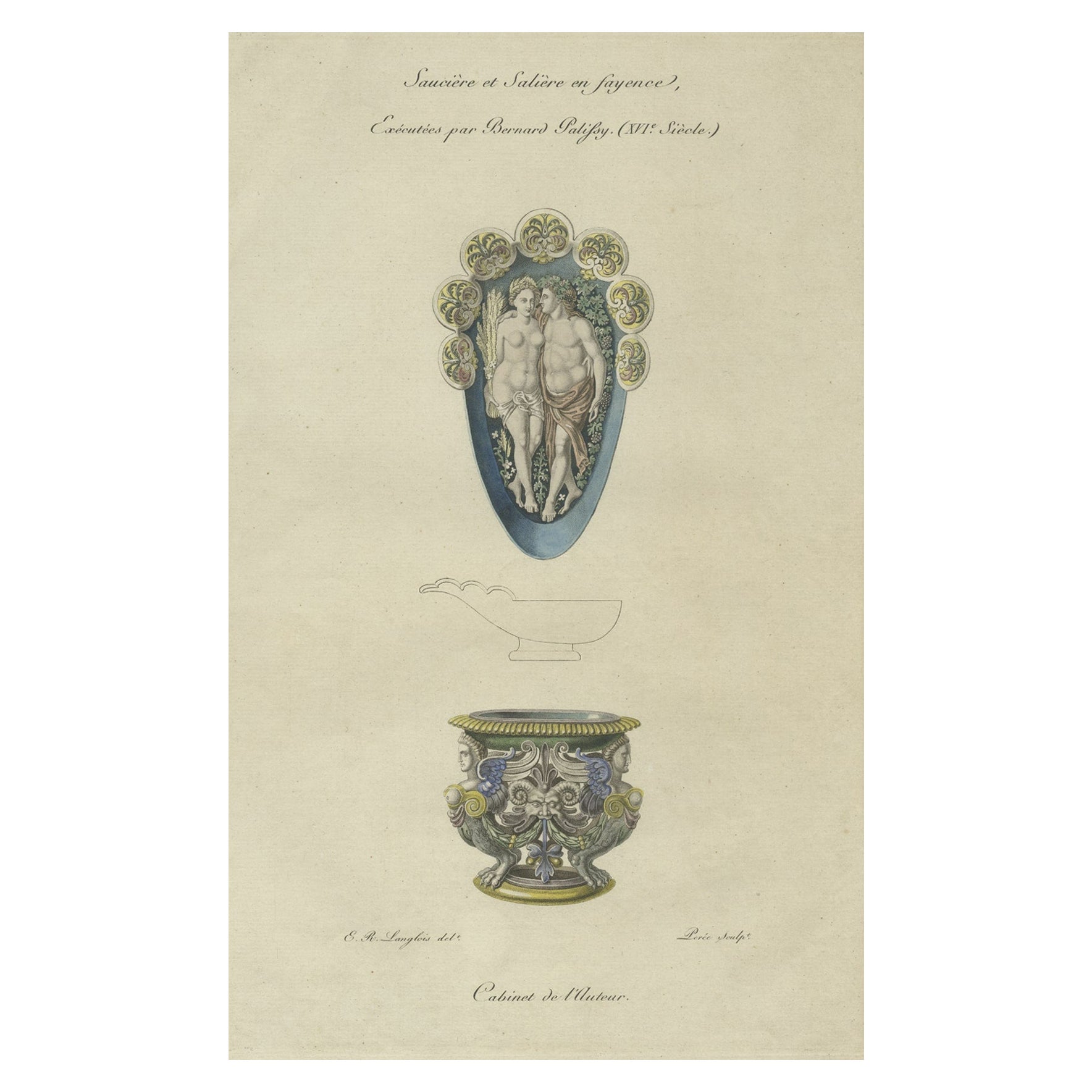 Grabado original antiguo de un salero, 1839 en venta