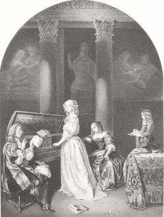 Original Antique Print of A " Harpsichord Player " After Caspar Netsher. C.1850