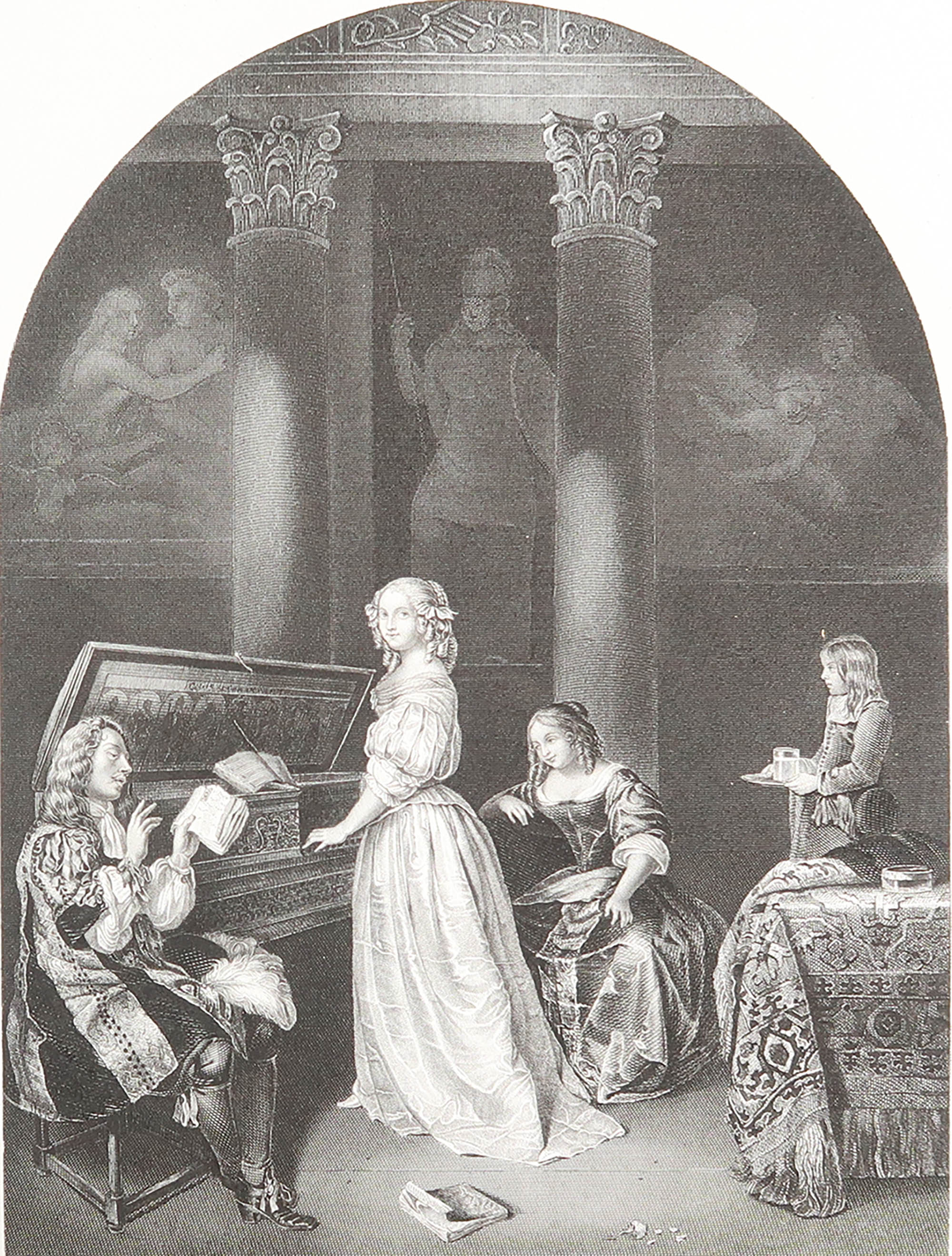 Original Antique Print of A " Harpsichord Player " After Caspar Netsher. C.1850 For Sale