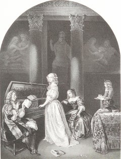 Original Antique Print of A " Harpsichord Player " After Caspar Netsher. C.1850