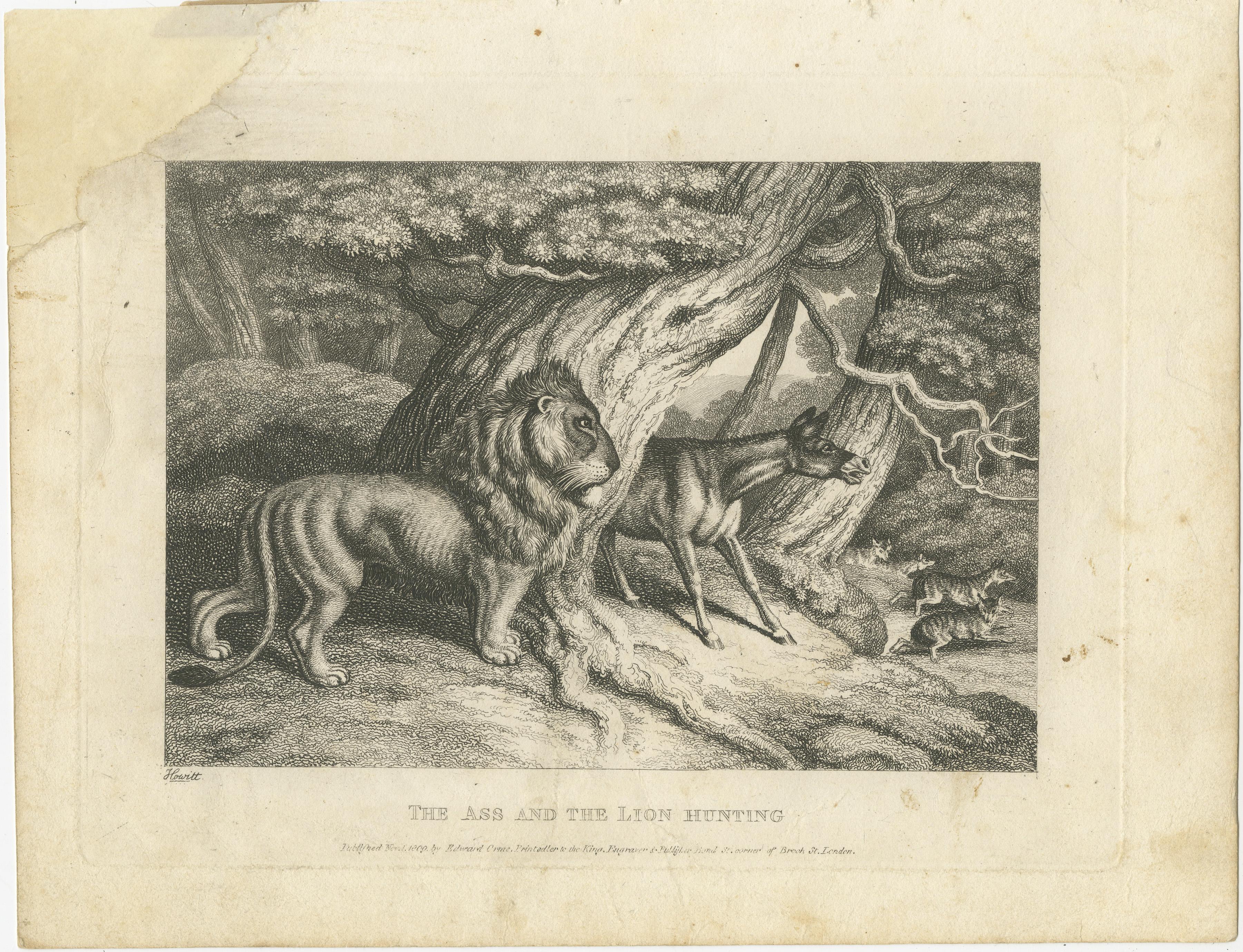 Antique print titled 'The Ass and the Lion hunting'. A donkey brays loudly at wolves while hunting with a male lion. This print originates from a series depicting fables by Samuel Howitt. Samuel Howitt was an English painter, illustrator and etcher