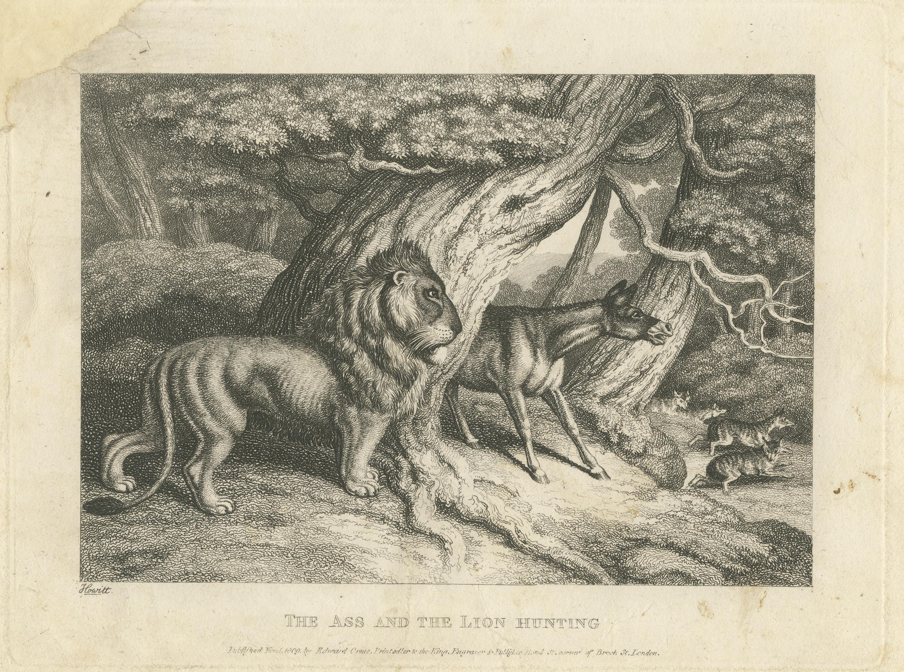 Original Antiker Druck einer Löwe und eines Esel auf der Jagd im Zustand „Relativ gut“ im Angebot in Langweer, NL