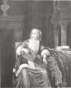 Original Antique Print of A " Lute Player " After Eglon Van Der Neer. C.1850