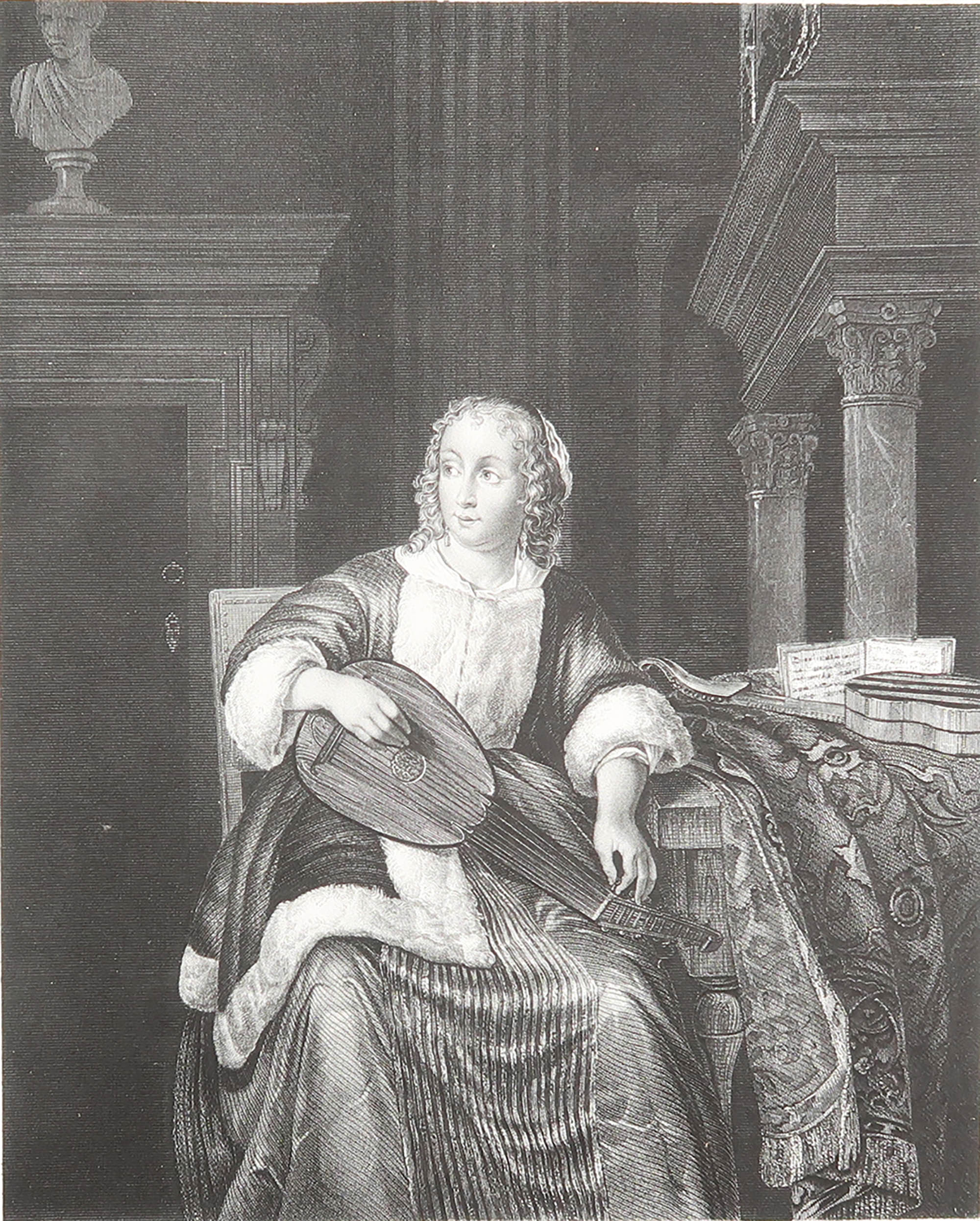 Gravure ancienne originale d'un " joueur de luth " d'après Eglon Van Der Neer. C.1850 en vente