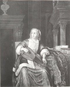 Original Antique Print of A " Lute Player " After Eglon Van Der Neer. C.1850