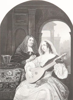 Original Antique Print of A " Lute Player " After Frans Van Mieris. C.1850