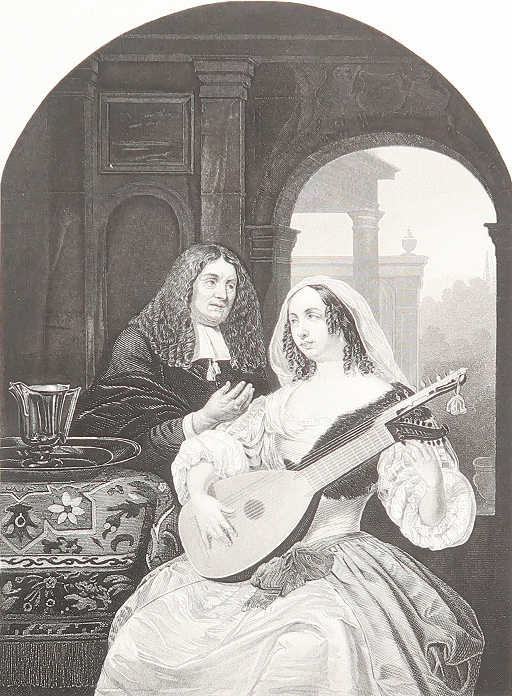 Gravure ancienne originale d'un " joueur de luth " d'après Frans Van Mieris. C.1850 en vente