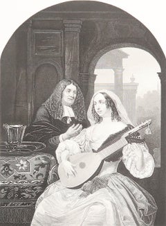 Original Antique Print of A " Lute Player " After Frans Van Mieris. C.1850