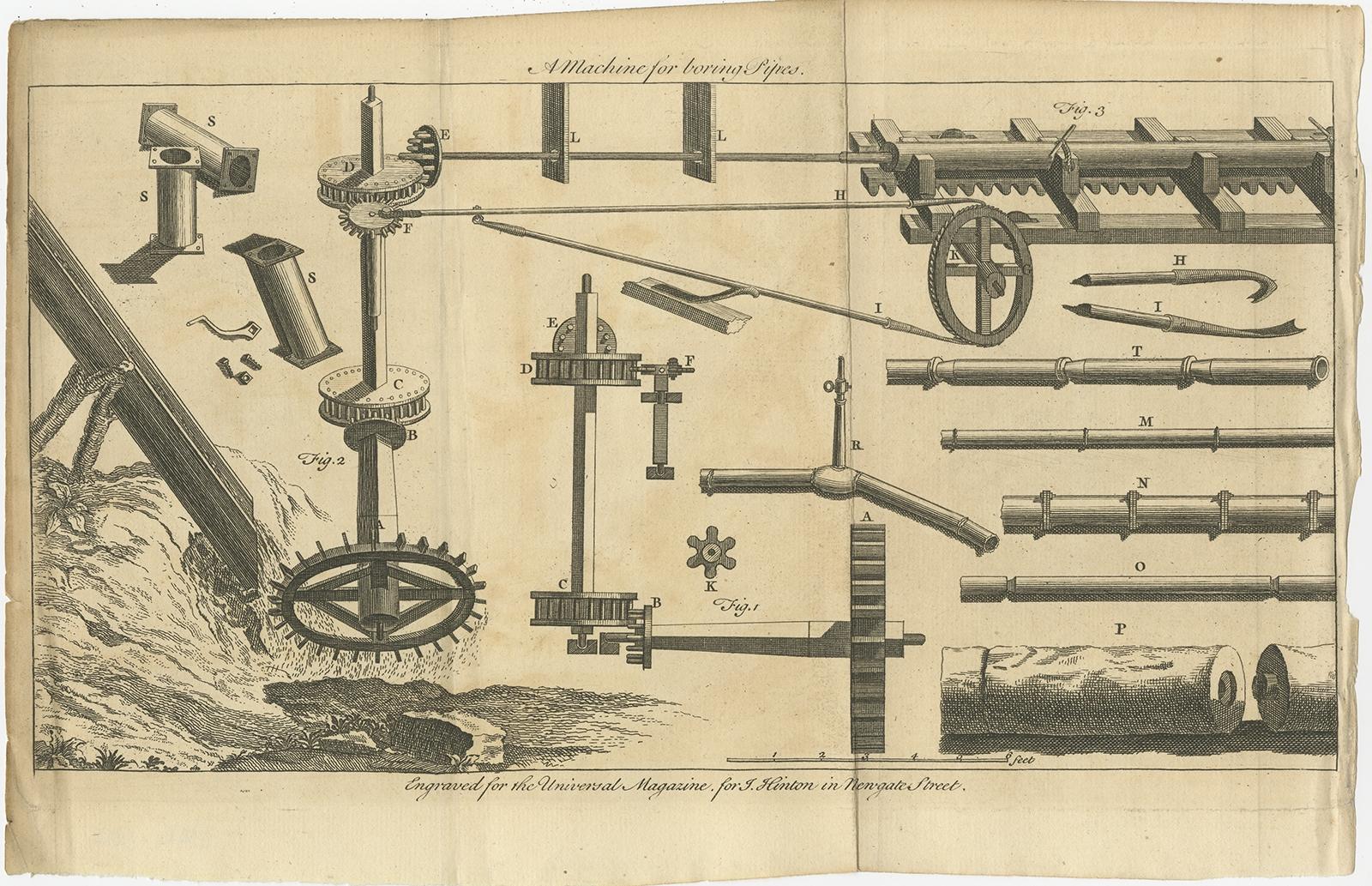 Antique print titled 'A machine for boring Pipes'. 

Print of a machine for boring pipes. This print originates from 'The Universal Magazine of Knowledge and Pleasure'. 

Artists and Engravers: The Universal Magazine of Knowledge and Pleasure