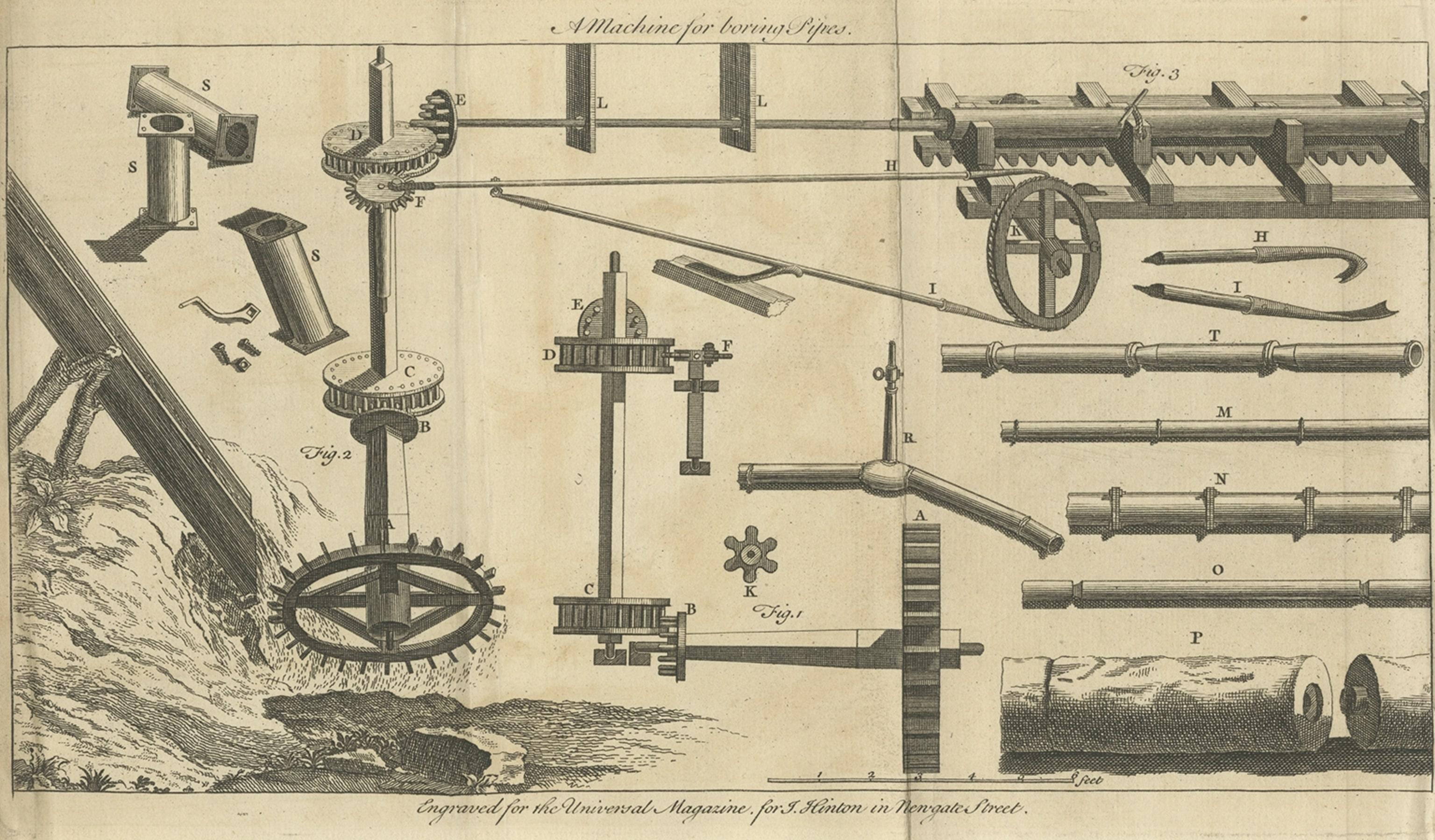 Original Antique Print of a Machine for Boring Pipes, ca.1760 In Good Condition For Sale In Langweer, NL