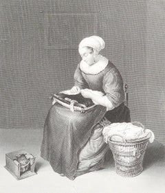 Original Antique Print of A " Needlewoman " After Caspar Netscher. C.1850