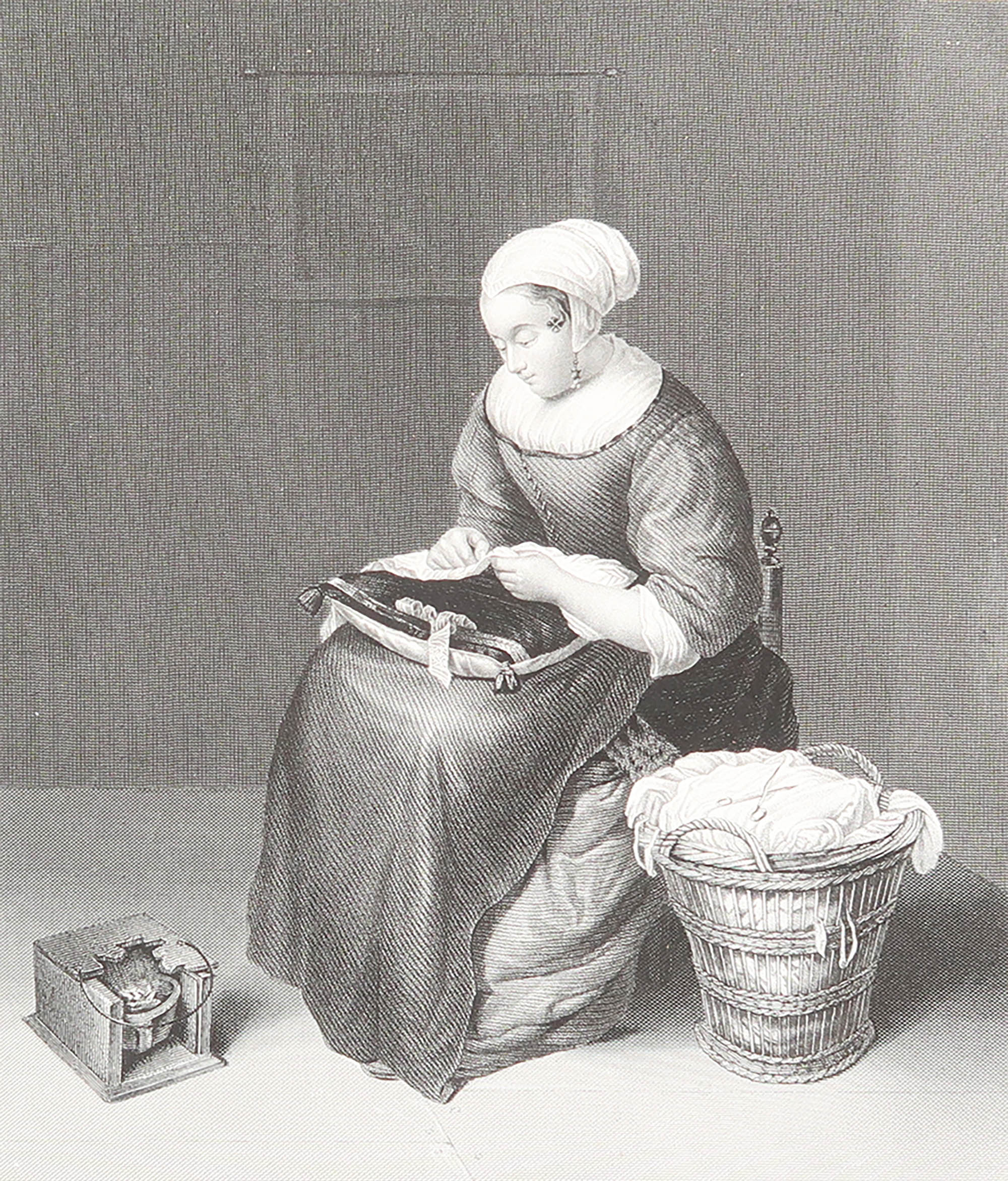 Original Antique Print of A " Needlewoman " After Caspar Netscher. C.1850