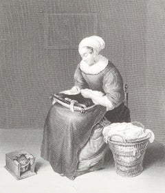 Original Antique Print of A " Needlewoman " After Caspar Netscher. C.1850