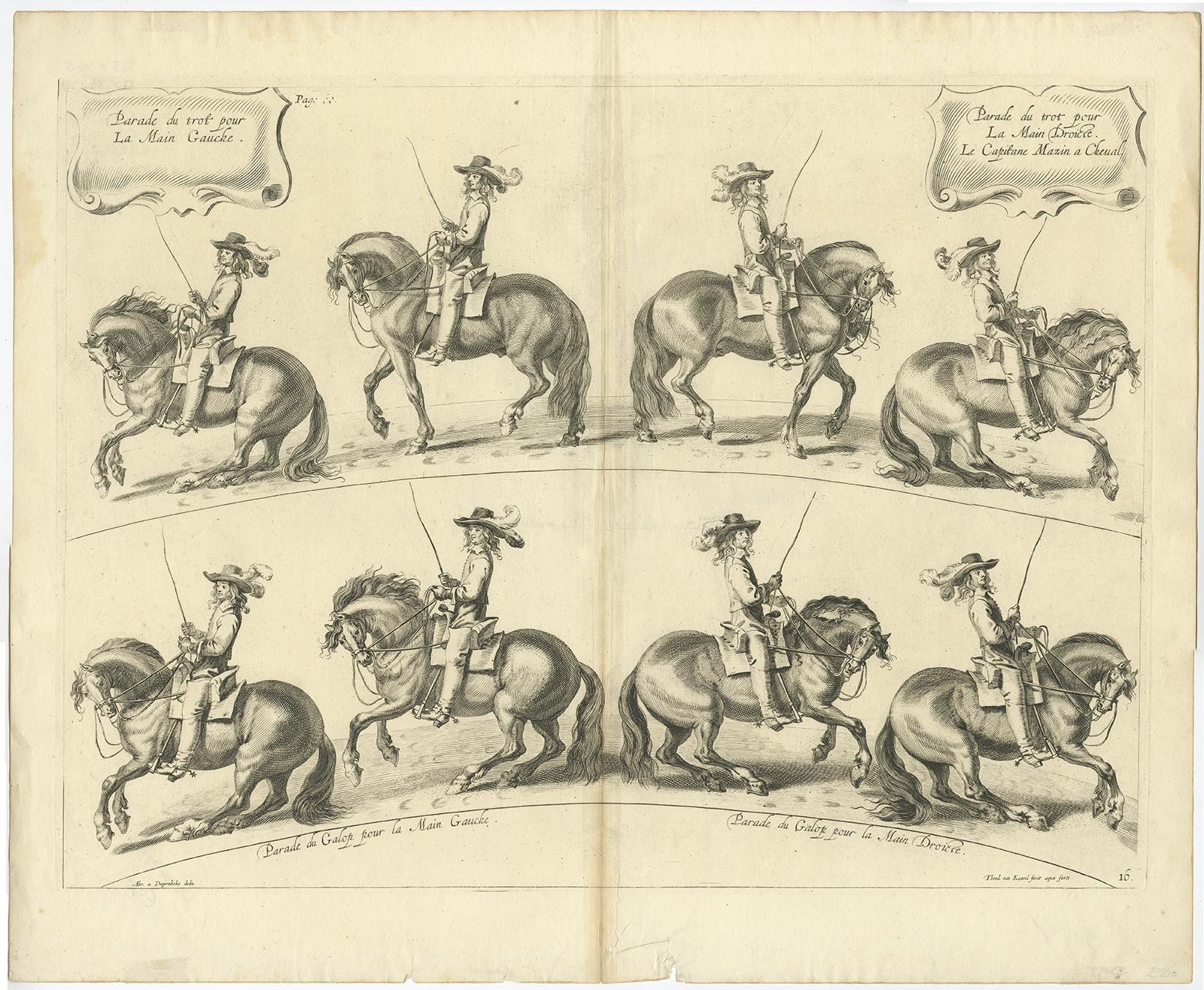 Grabado original antiguo de una nueva forma de doma o adiestramiento de caballos, ca.1740 mediados del siglo XVIII en venta