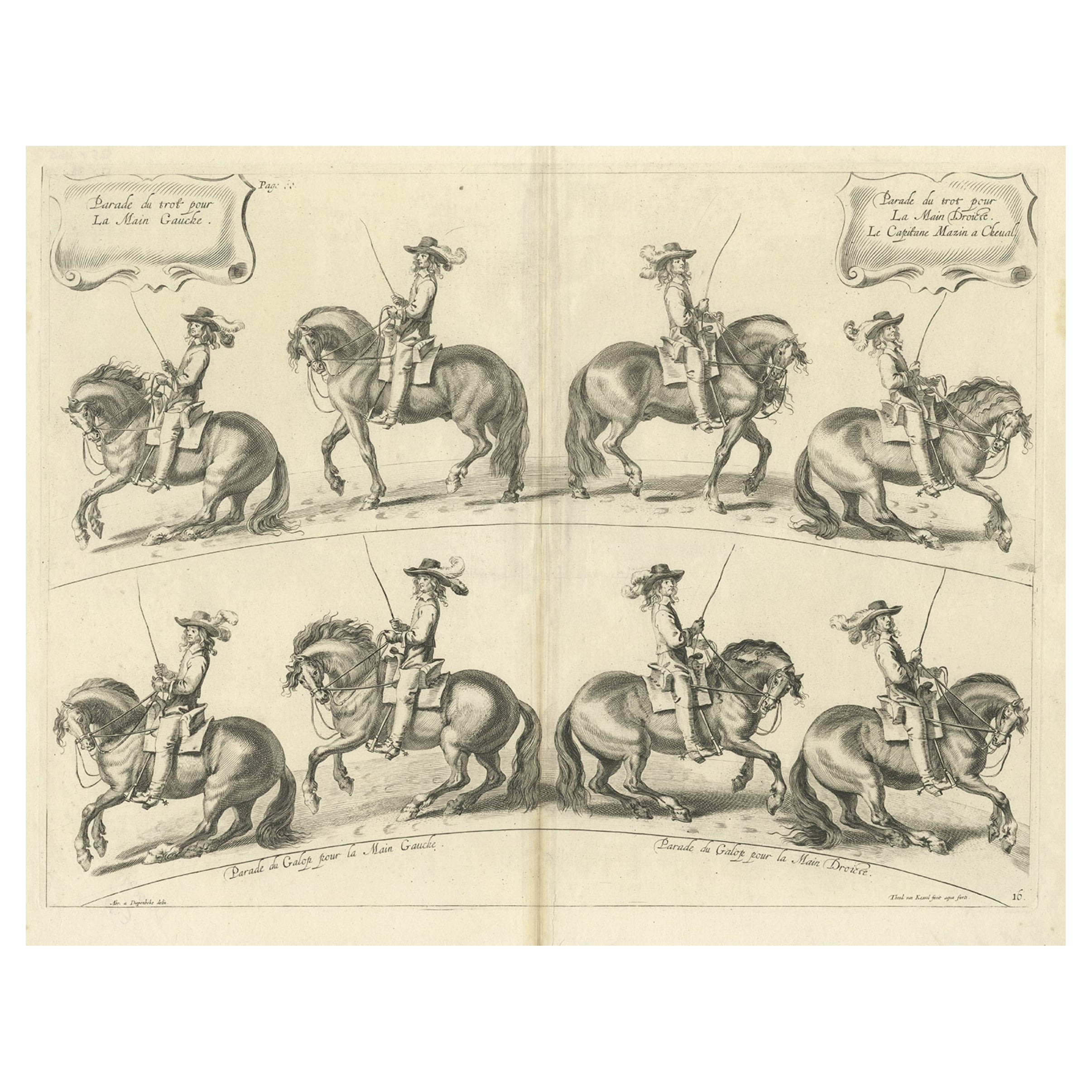 Impression ancienne originale d'une nouvelle façon de habiller ou d'éduquer les chevaux, vers 1740