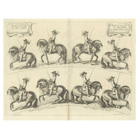 Original Antique Print of a New Way of Dressing or Schooling of Horses, ca.1740