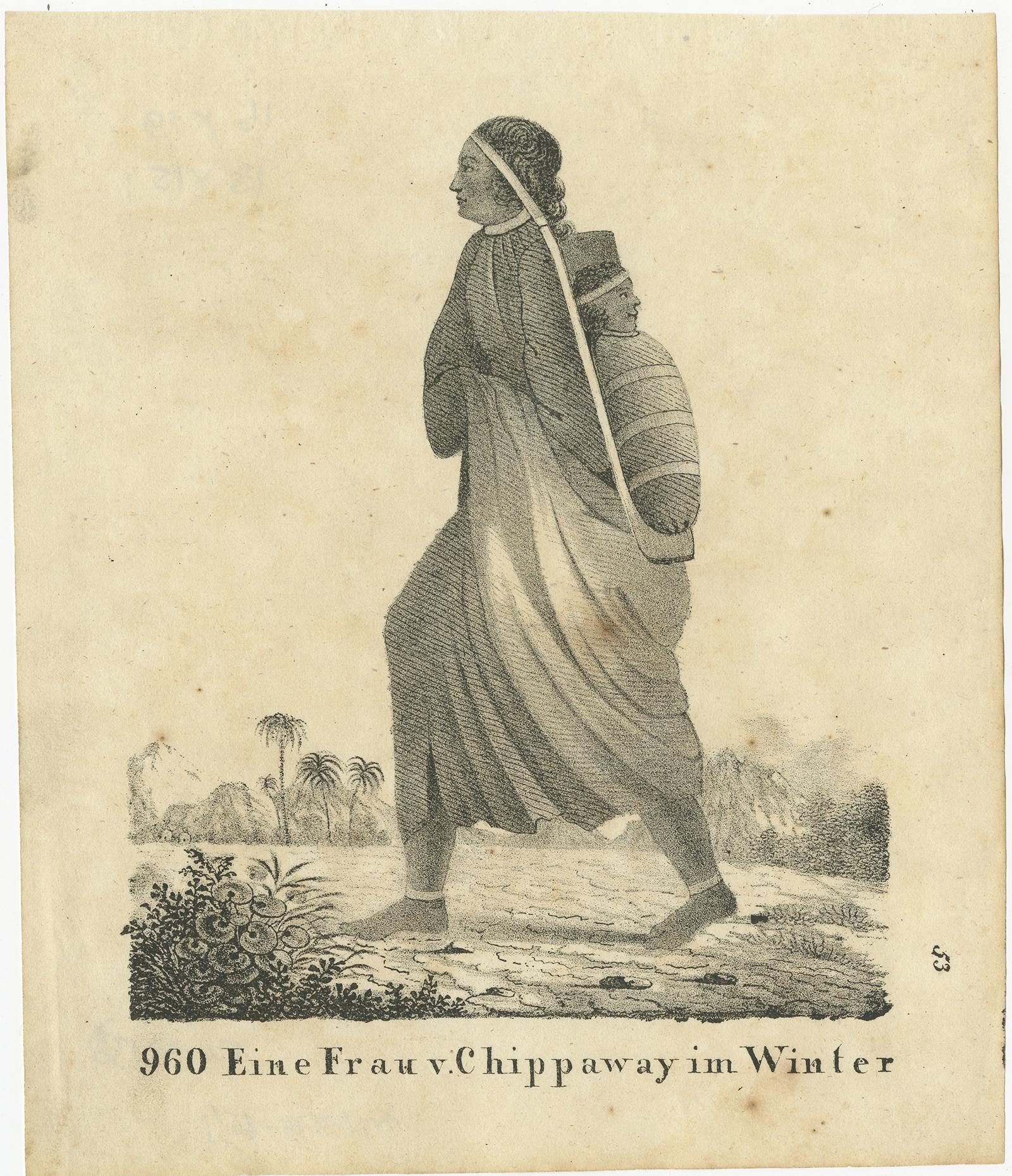 Antique print titled 'Eine Frau v. Chippaway im Winter'. 

Lithograph of an inhabitant of Chippewa. This print originates from 'Neuen Bildergalerie für die Jugend'. 

The Ojibwe, Ojibwa, Chippewa, or Saulteaux are an Anishinaabe people in what is