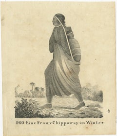 Original Antique Print of a North American Chippewa Mother with Child, 1836