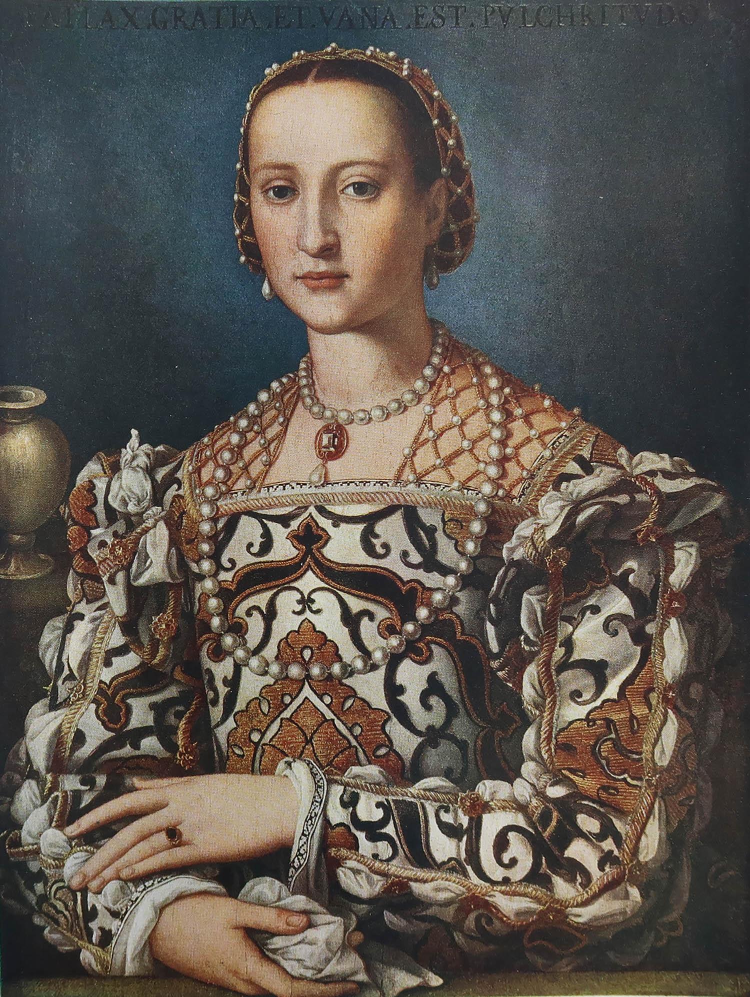 Great image of Eleanoro Di Toledo, Grand Duchess of Tuscany

After Bronzino

Chromo-lithograph 

Published by The Connoisseur, C.1900

Unframed.