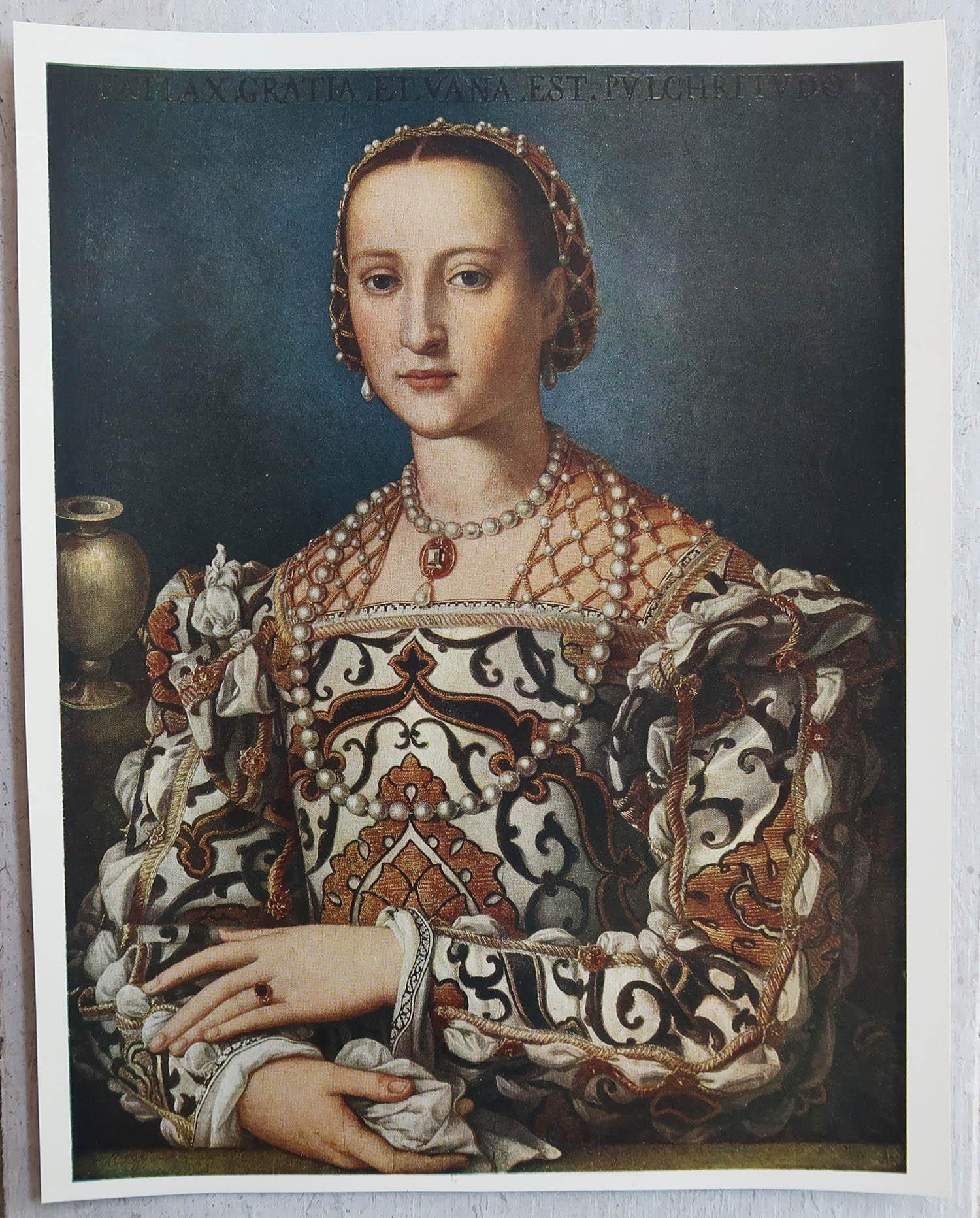 Renaissance Original Antique Print of a Portrait of a Lady After Bronzino. C.1900