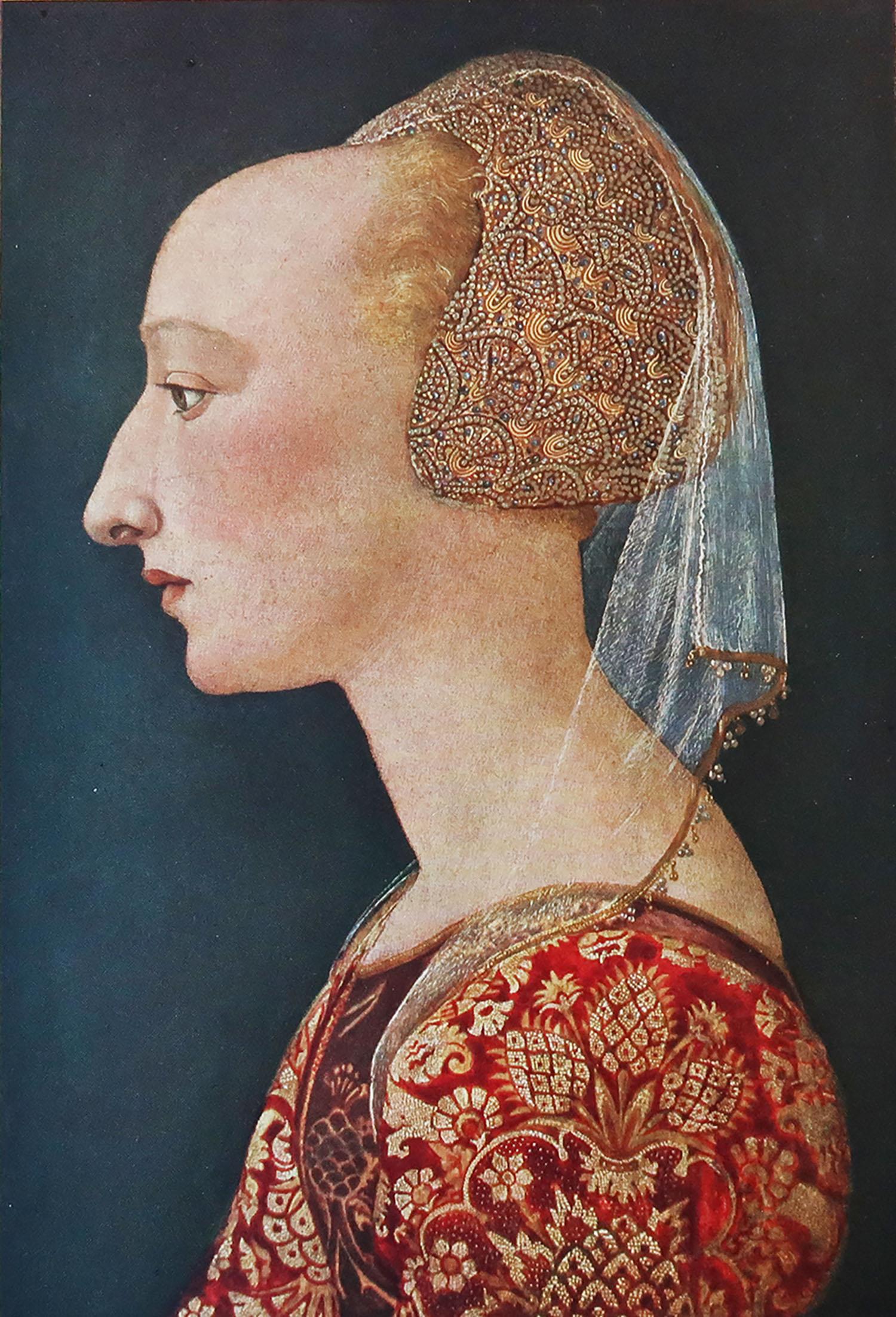 Great image of a portrait of a lady

After Paulo Uccello

Chromo-lithograph 

Published by The Connoisseur, C.1900

Unframed.