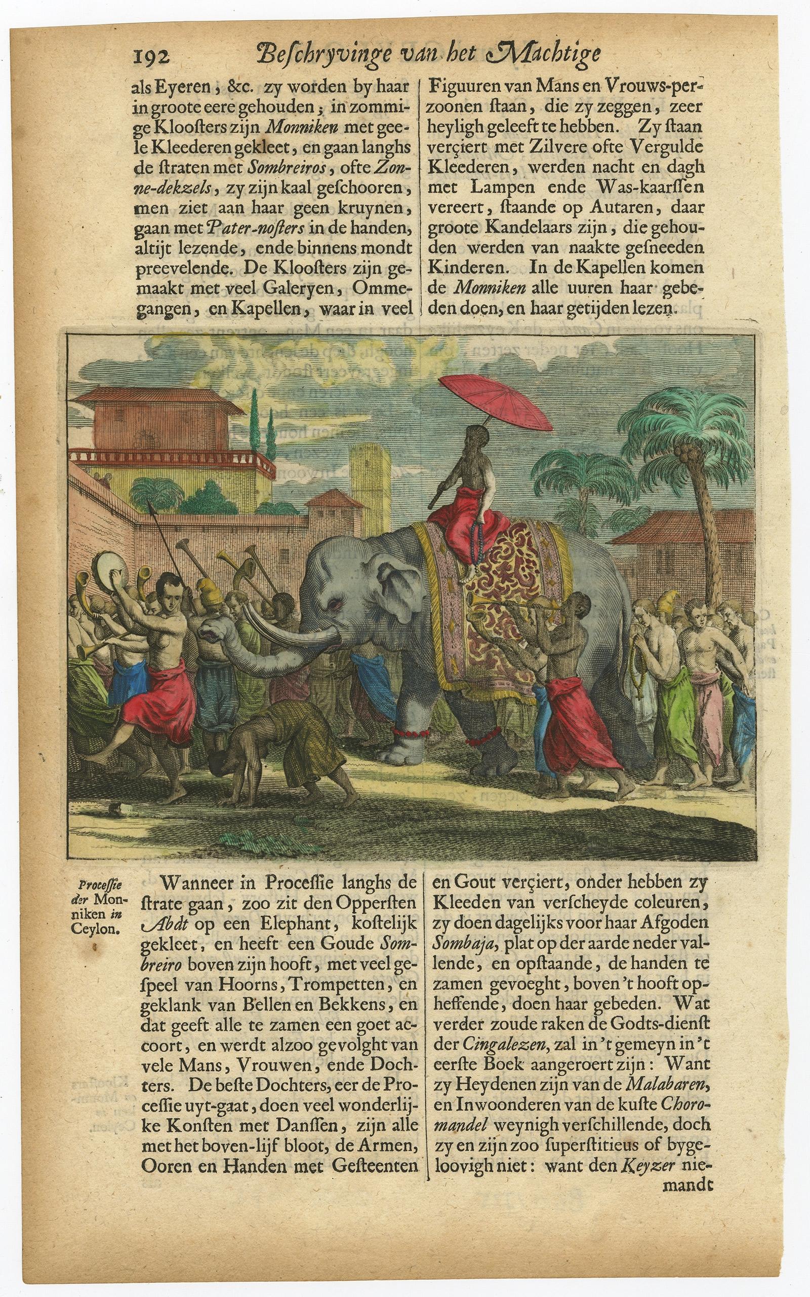 Impression ancienne, sans titre. Cette gravure ancienne originale montre une procession de moines à Ceylan. Un groupe de moines dansant, battant des tambours, devant l'abbé, assis sur un éléphant. Texte en néerlandais au verso. De : naauwkeurige